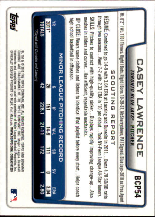 2012 Bowman Chrome Prospects #BCP54 Casey Lawrence back image