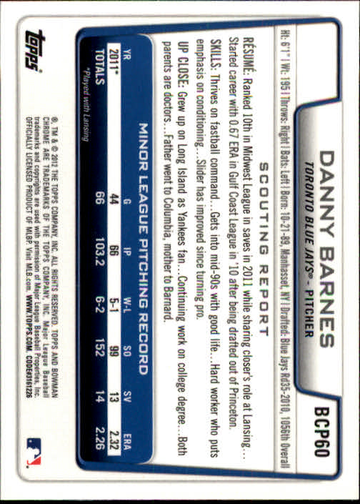 2012 Bowman Chrome Prospects #BCP60 Danny Barnes back image