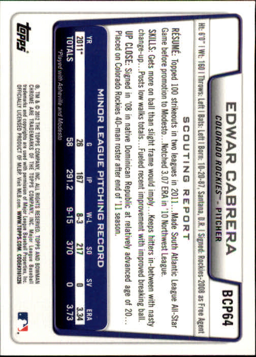 2012 Bowman Chrome Prospects #BCP64 Edwar Cabrera back image