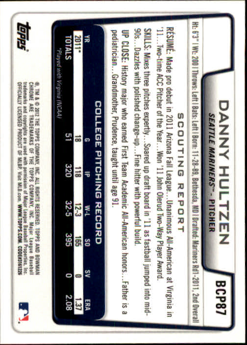 2012 Bowman Chrome Prospects #BCP87 Danny Hultzen back image