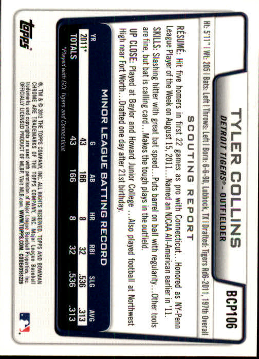2012 Bowman Chrome Prospects #BCP106 Tyler Collins back image