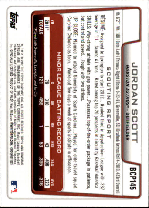 2012 Bowman Chrome Prospects #BCP145A Jordan Scott back image
