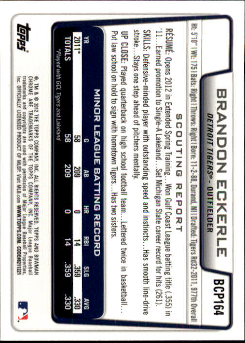 2012 Bowman Chrome Prospects #BCP164 Brandon Eckerle back image