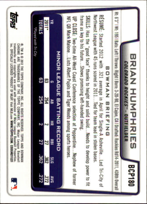 2012 Bowman Chrome Prospects #BCP180 Brian Humphries back image