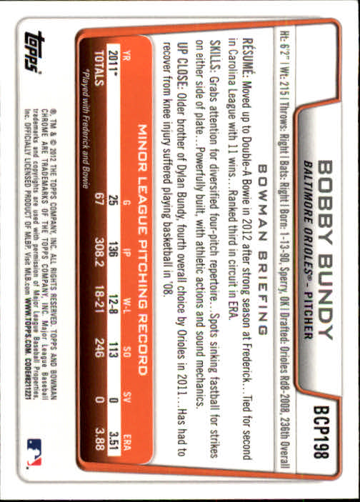 2012 Bowman Chrome Prospects #BCP198A Bobby Bundy back image