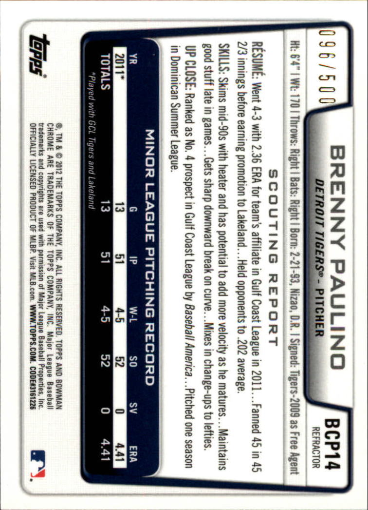 2012 Bowman Chrome Prospects Refractors #BCP14 Brenny Paulino back image
