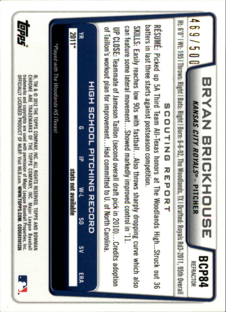 2012 Bowman Chrome Prospects Refractors #BCP84 Bryan Brickhouse back image