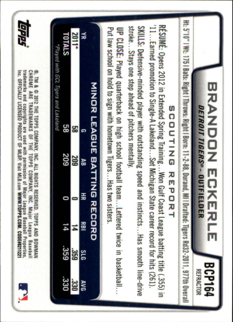 2012 Bowman Chrome Prospects Refractors #BCP164 Brandon Eckerle back image