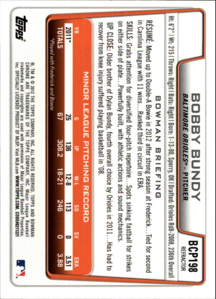 2012 Bowman Chrome Prospects Refractors #BCP198 Bobby Bundy back image