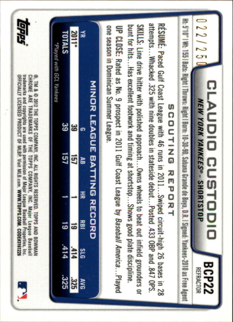 2012 Bowman Chrome Prospects Blue Refractors #BCP22 Claudio Custodio back image