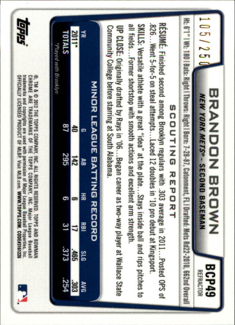 2012 Bowman Chrome Prospects Blue Refractors #BCP49 Brandon Brown back image