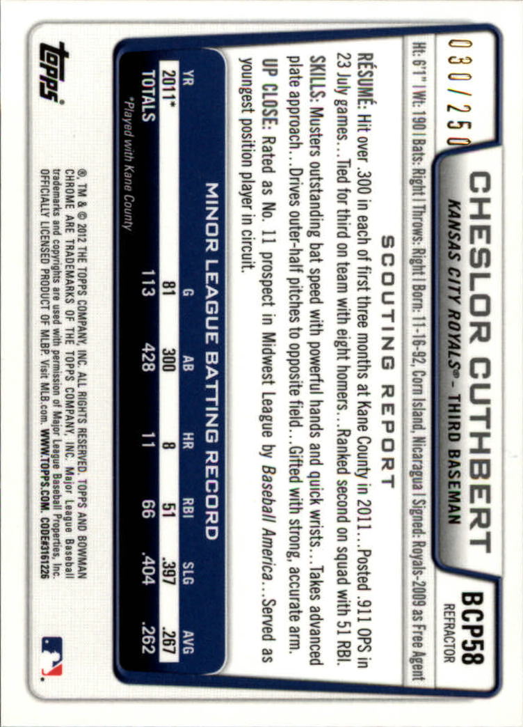 2012 Bowman Chrome Prospects Blue Refractors #BCP58 Cheslor Cuthbert back image