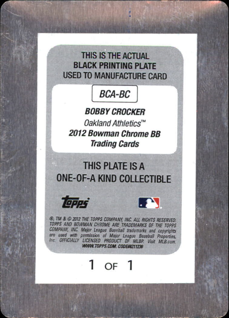 2012 Bowman Chrome Prospect Autographs Printing Plates Black #BC Bobby Crocker back image