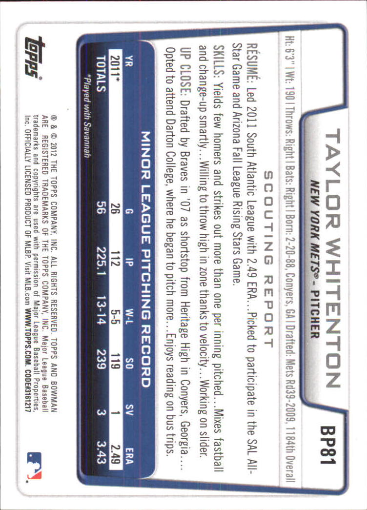 Tarjetas paralelas de béisbol Bowman 2012 "Prospects Purple" insertadas - Imagen 11 de 11