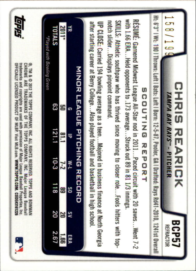 2012 Bowman Chrome Prospects Purple Refractors #BCP57 Chris Rearick back image