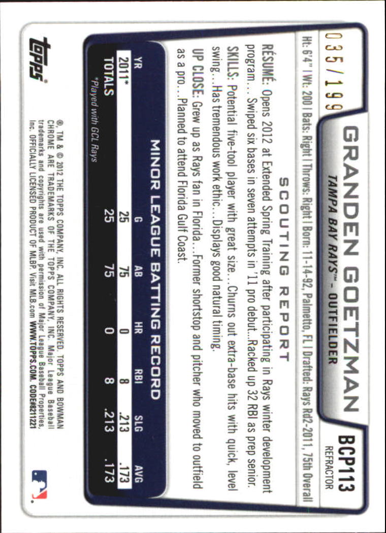 2012 Bowman Chrome Prospects Purple Refractors #BCP113 Granden Goetzman back image