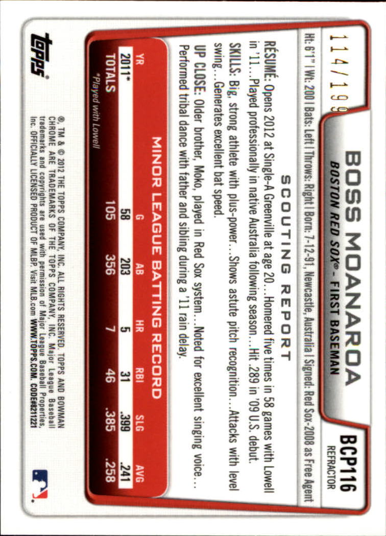 2012 Bowman Chrome Prospects Purple Refractors #BCP116 Boss Moanaroa back image