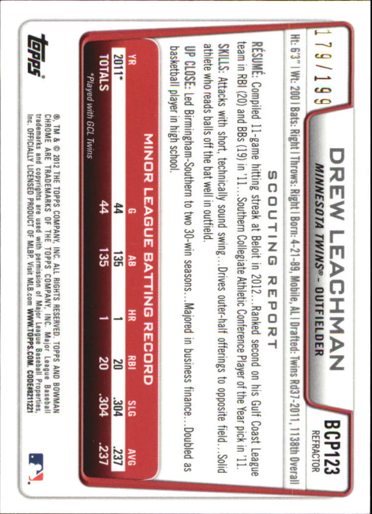 2012 Bowman Chrome Prospects Purple Refractors #BCP123 Drew Leachman back image