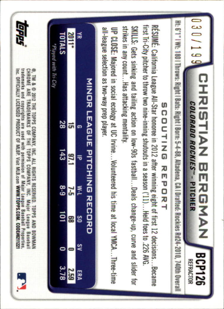 2012 Bowman Chrome Prospects Purple Refractors #BCP126 Christian Bergman back image