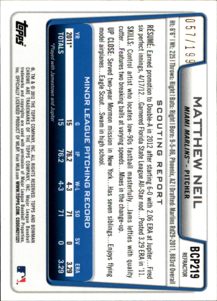 2012 Bowman Chrome Prospects Purple Refractors #BCP219 Matthew Neil