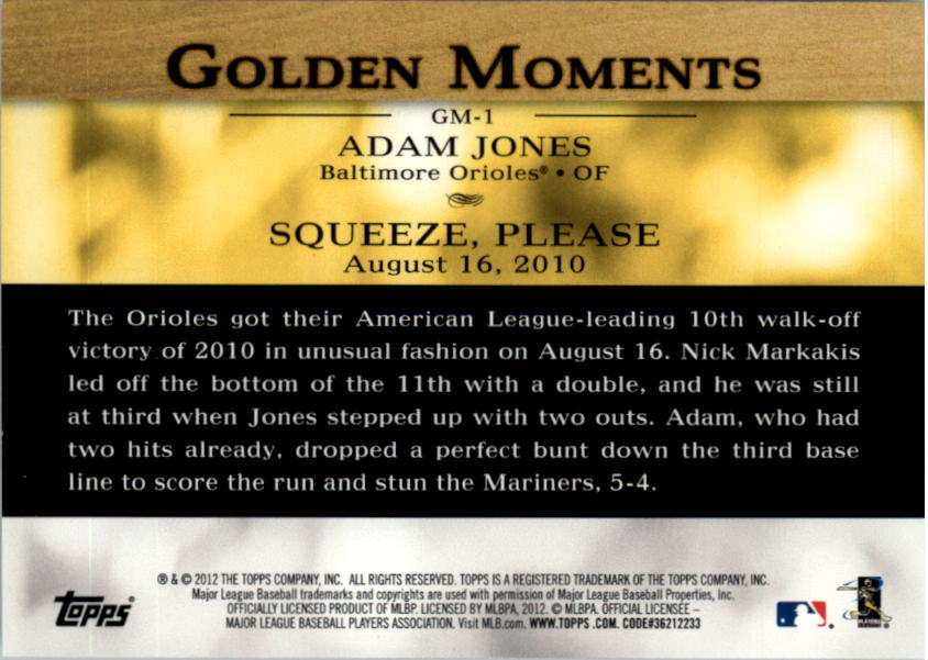 2012 Topps Golden Moments Series 2 #GM1 Adam Jones back image