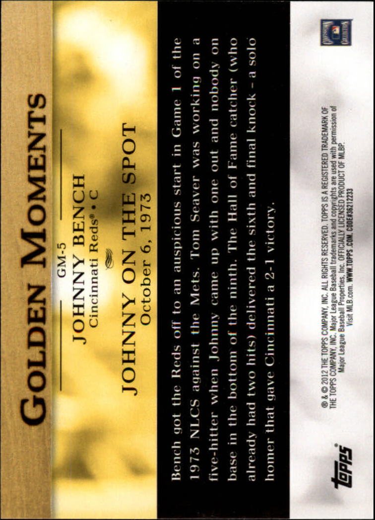 2012 Topps Golden Moments Series 2 #GM5 Johnny Bench back image