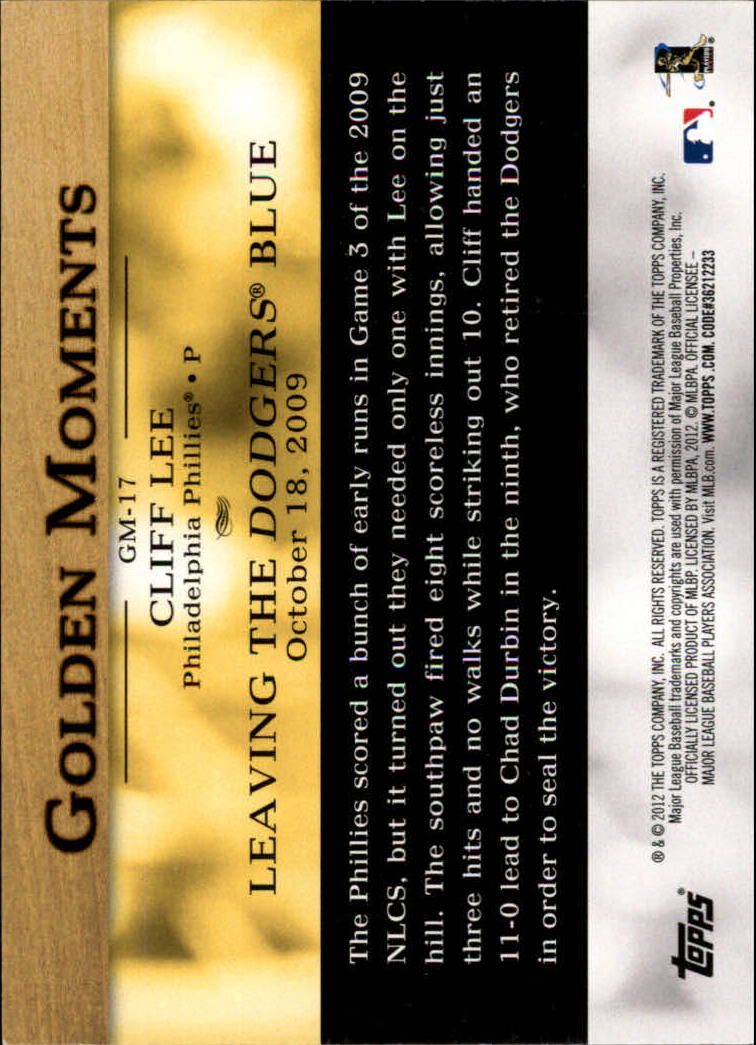 2012 Topps Golden Moments Series 2 #GM17 Cliff Lee back image
