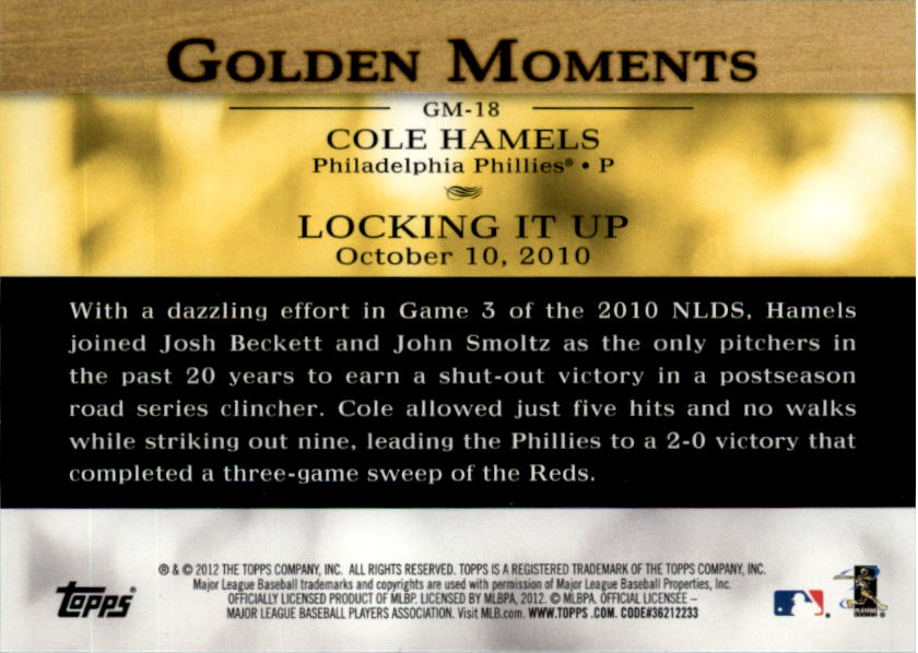 2012 Topps Golden Moments Series 2 #GM18 Cole Hamels back image