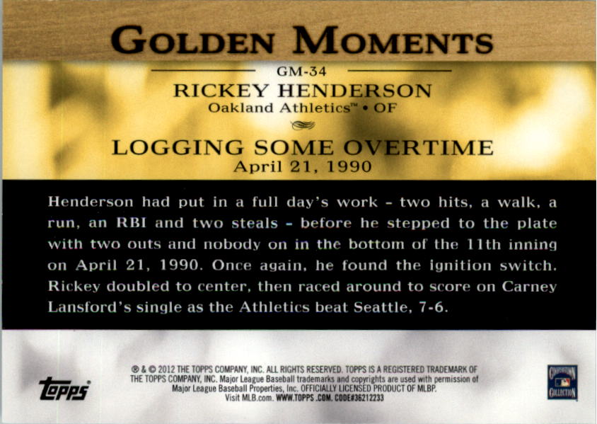 2012 Topps Golden Moments Series 2 #GM34 Rickey Henderson back image