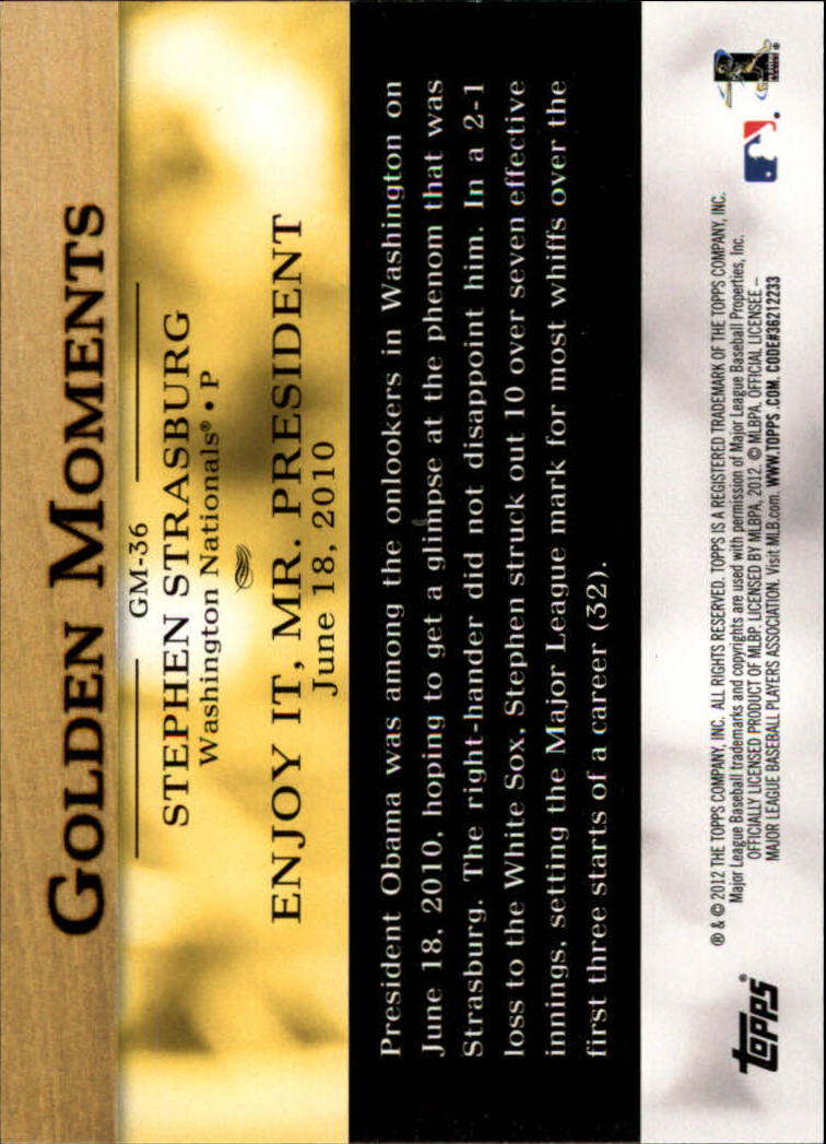2012 Topps Golden Moments Series 2 #GM36 Stephen Strasburg back image