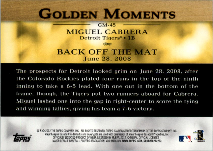 2012 Topps Golden Moments Series 2 #GM45 Miguel Cabrera back image