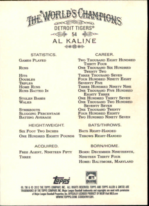 2012 Topps Allen and Ginter #54 Al Kaline back image