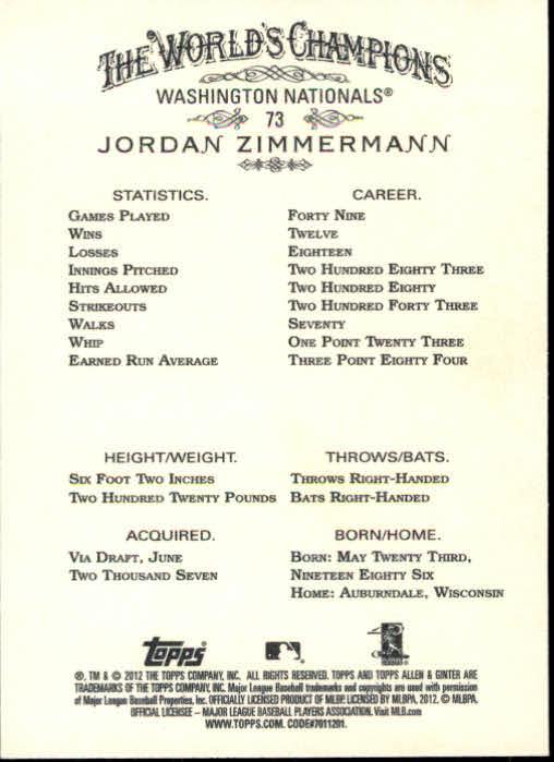 2012 Topps Allen and Ginter #73 Jordan Zimmermann back image