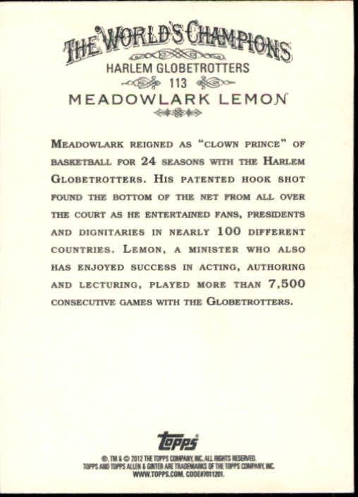 2012 Topps Allen and Ginter #113 Meadowlark Lemon back image