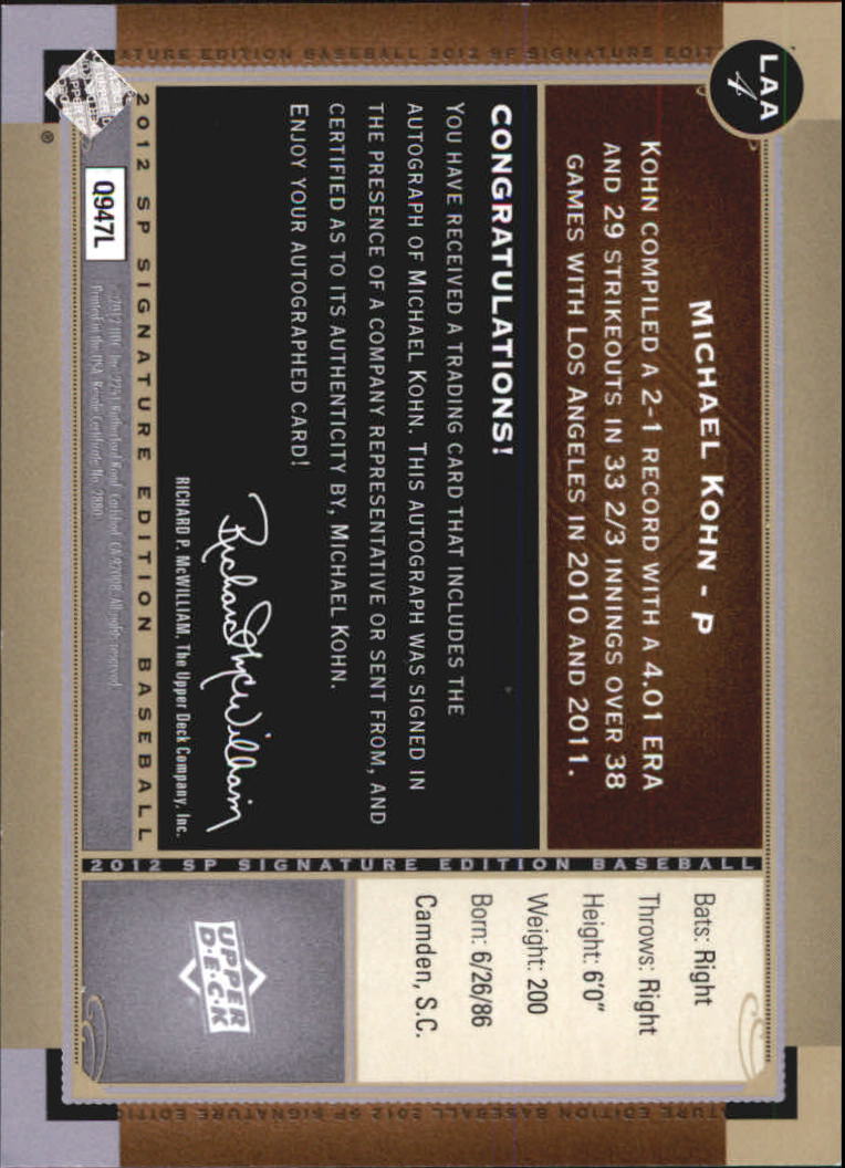 2012 SP Signature #LAA4 Michael Kohn E back image