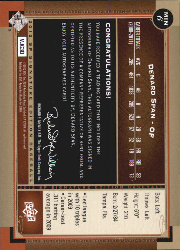 2012 SP Signature #MIN6 Denard Span E back image