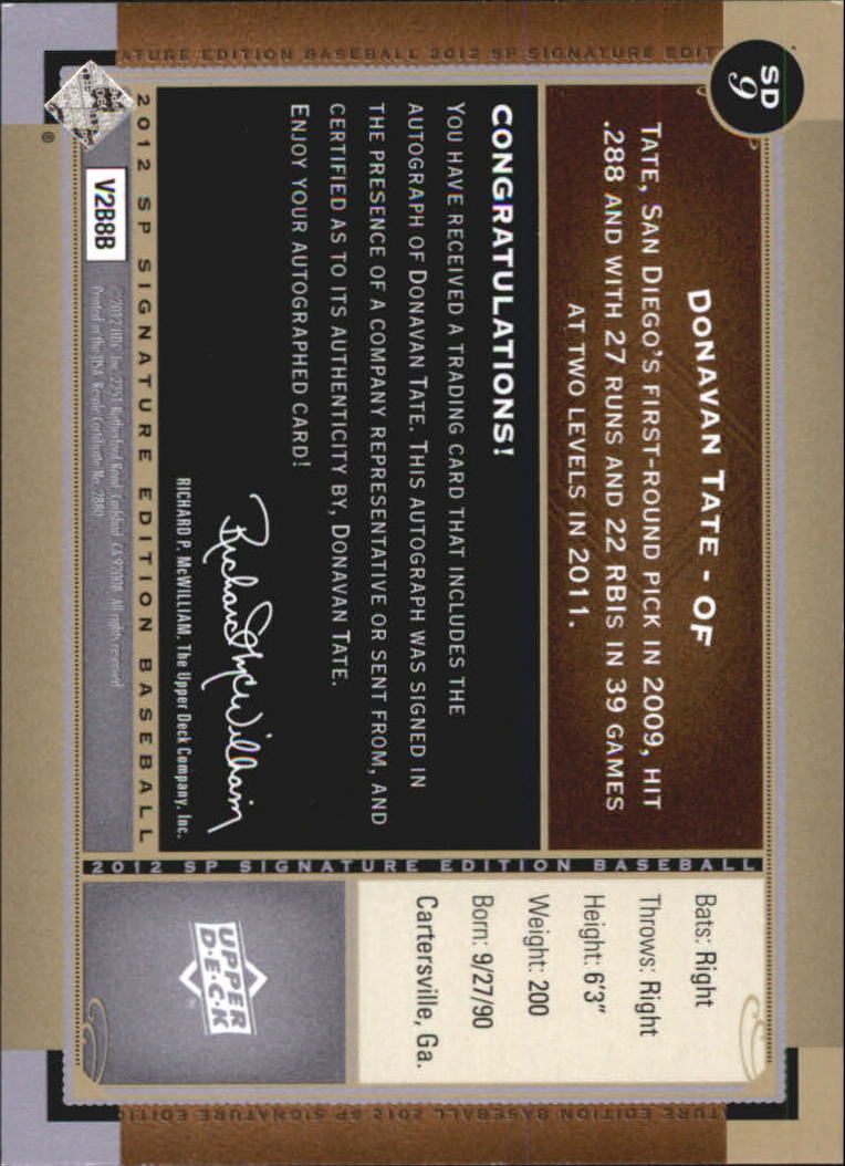2012 SP Signature #SD9 Donavan Tate E back image