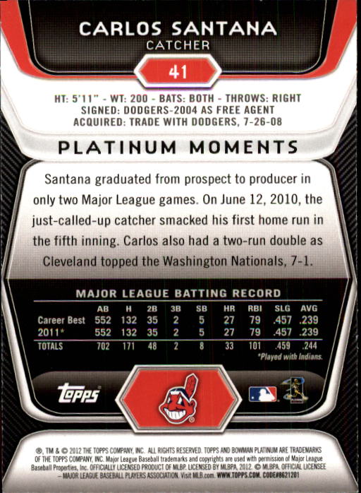 2012 Bowman Platinum #41 Carlos Santana back image