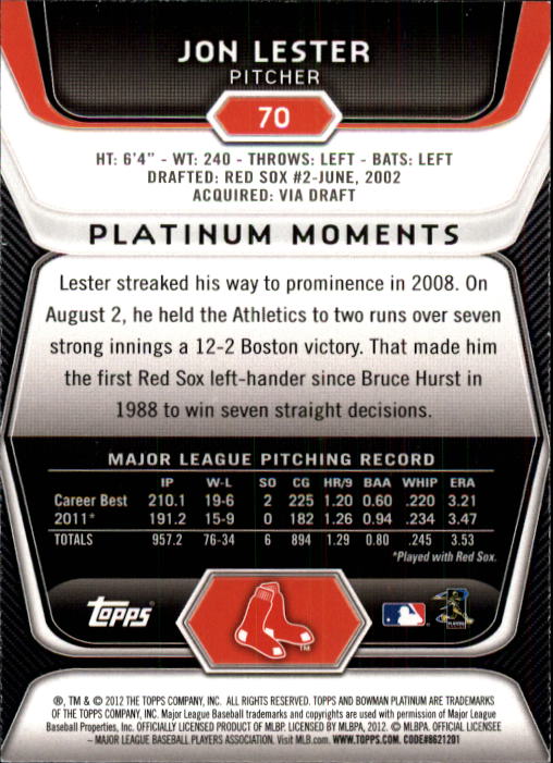 2012 Bowman Platinum #70 Jon Lester back image