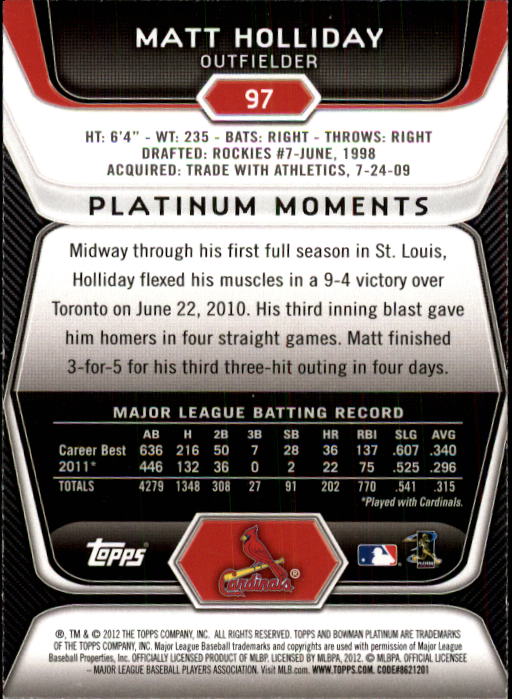 2012 Bowman Platinum #97 Matt Holliday back image