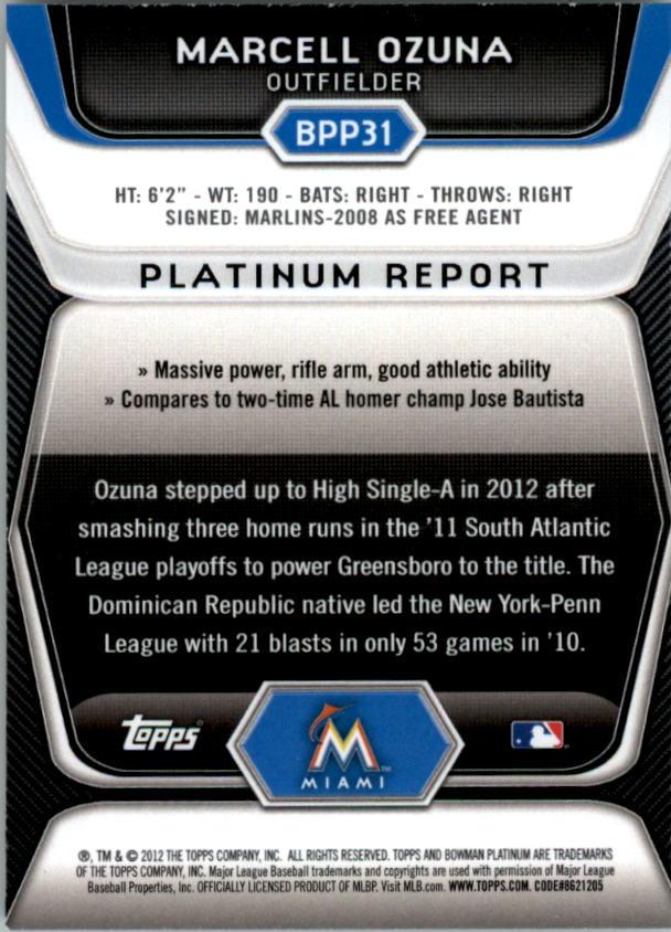 2012 Bowman Platinum Prospects #BPP31 Marcell Ozuna back image
