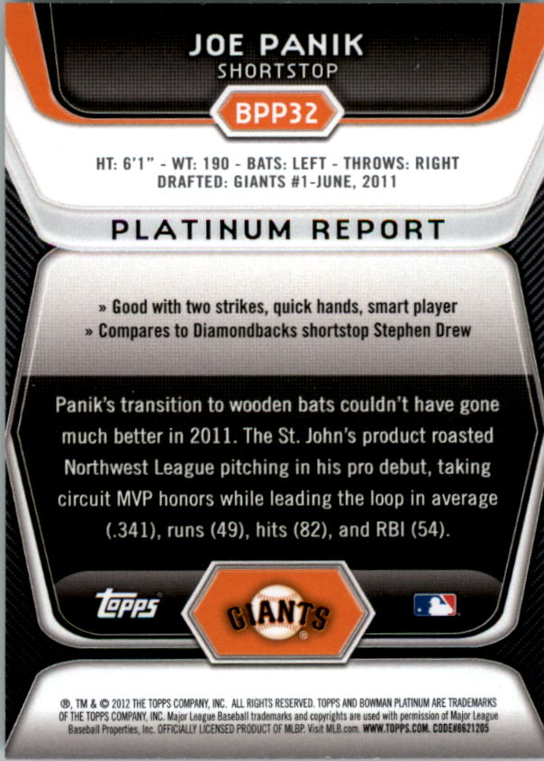 2012 Bowman Platinum Prospects #BPP32 Joe Panik back image