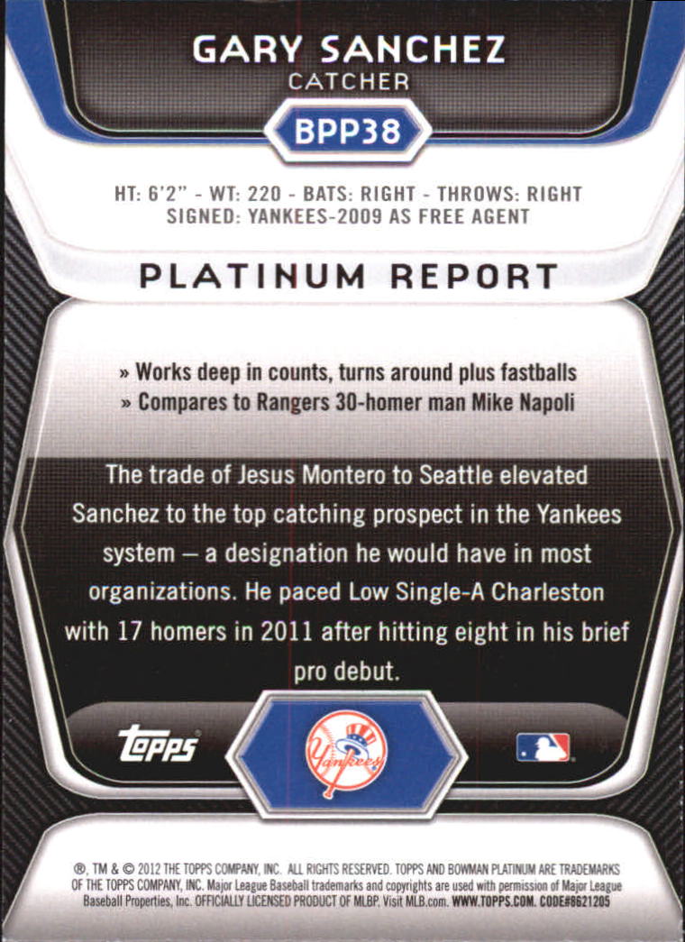 2012 Bowman Platinum Prospects #BPP38 Gary Sanchez back image