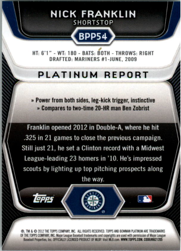 2012 Bowman Platinum Prospects #BPP54 Nick Franklin back image