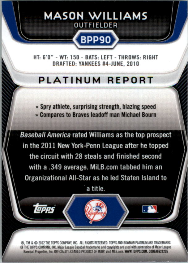 2012 Bowman Platinum Prospects #BPP90 Mason Williams back image