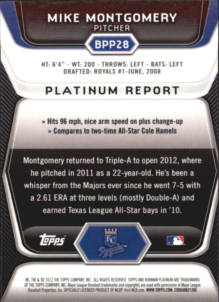 2012 Bowman Platinum Prospects Purple Refractors #BPP28 Mike Montgomery back image