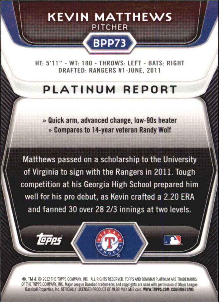 2012 Bowman Platinum Prospects Purple Refractors #BPP73 Kevin Matthews
