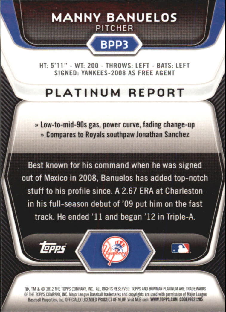 2012 Bowman Platinum Prospects Refractors #BPP3 Manny Banuelos back image