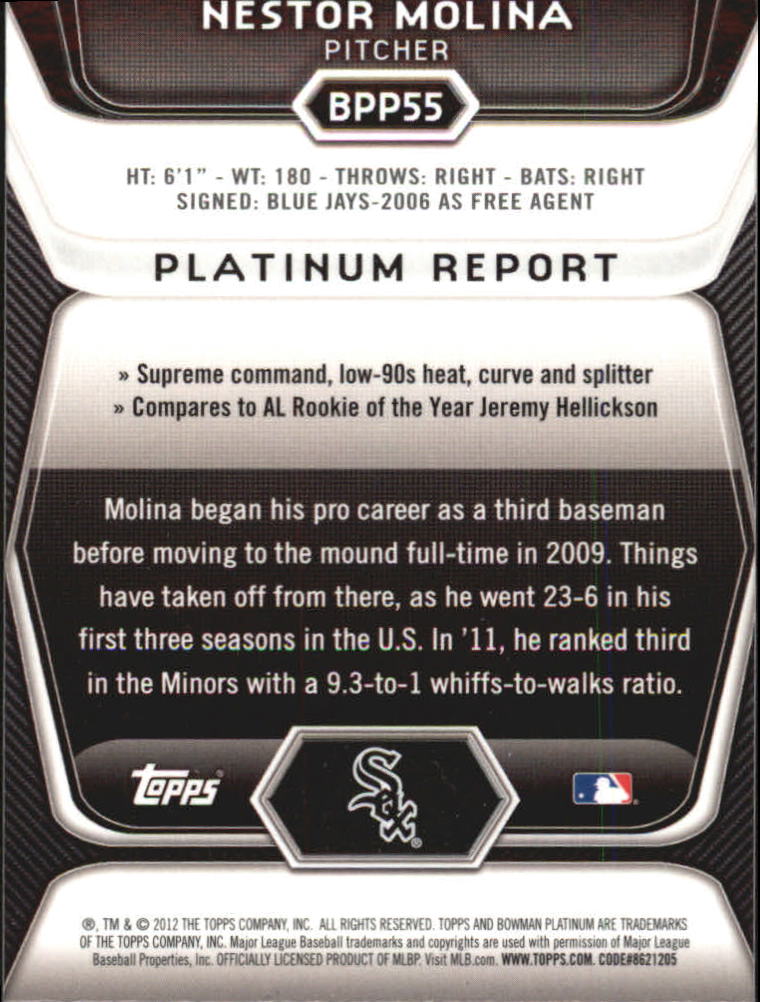 2012 Bowman Platinum Prospects Refractors #BPP55 Nestor Molina back image