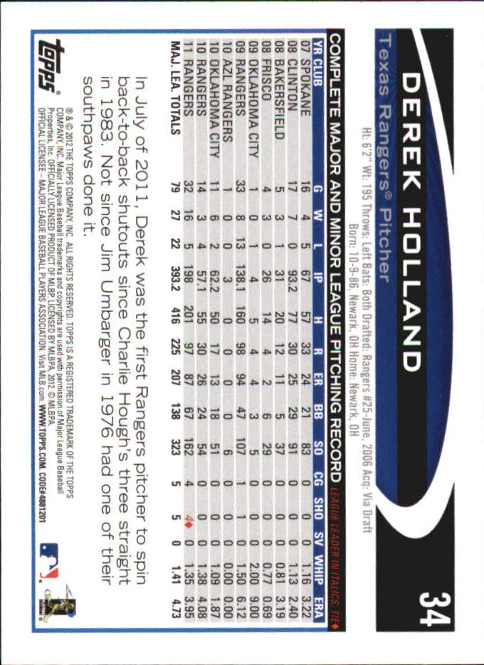 2012 Topps Mini #34 Derek Holland back image